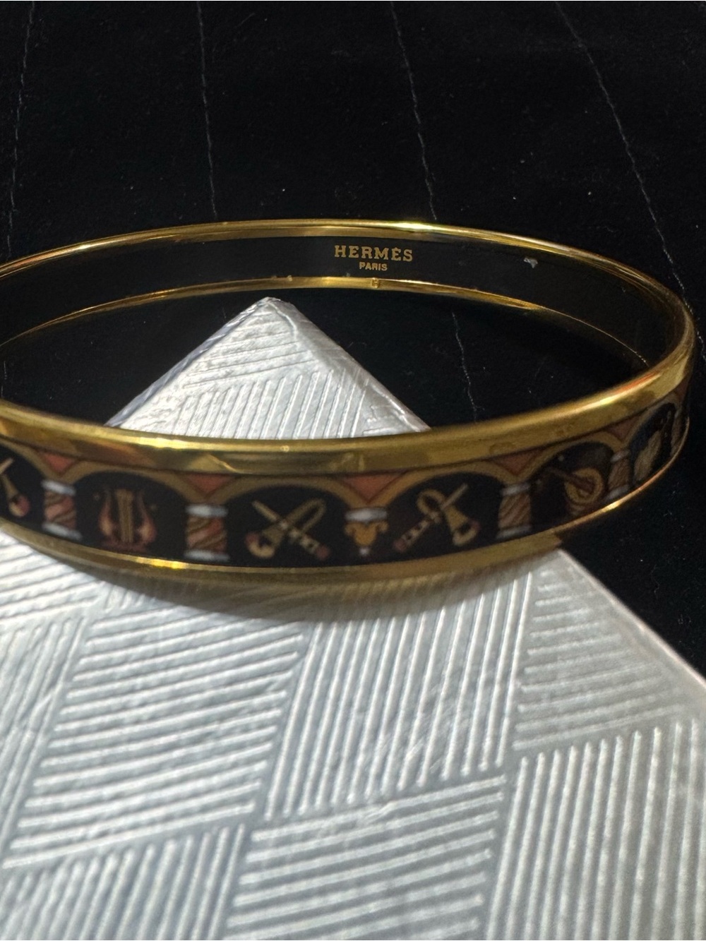 Vintage Auth Hermes Enamel Narrow Bangle Bracelet w Instrument Motif